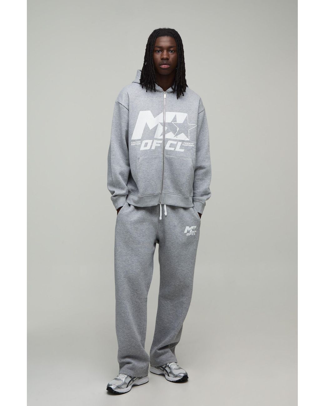 BoohooMAN Gray Oversized M Star Zip Thru Hoodie & Straight Leg Tracksuit for men