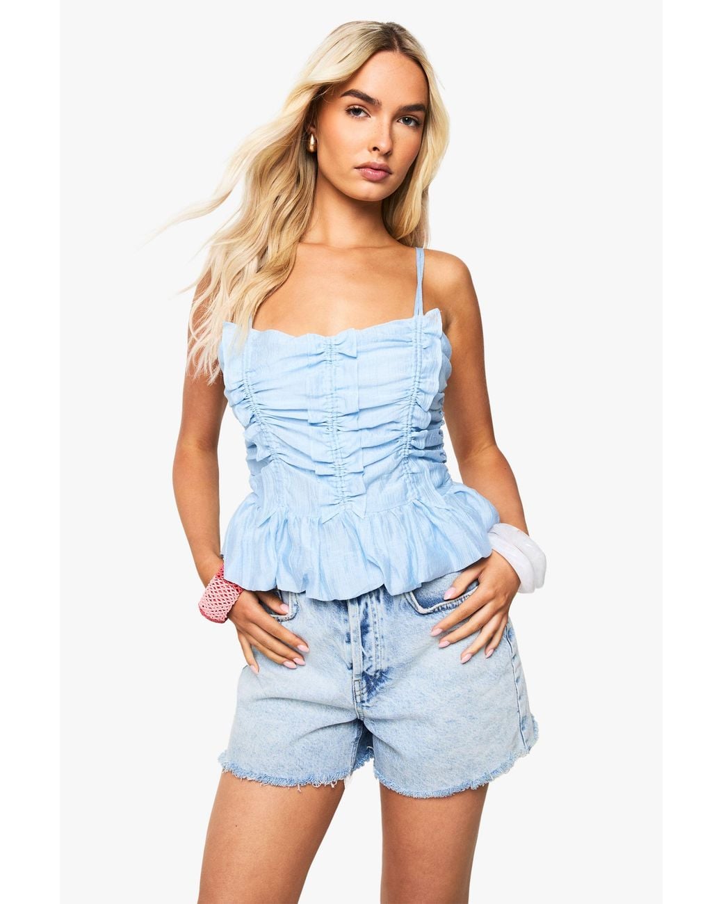 Boohoo Blue Crinkle Ruffle Ruched Cami