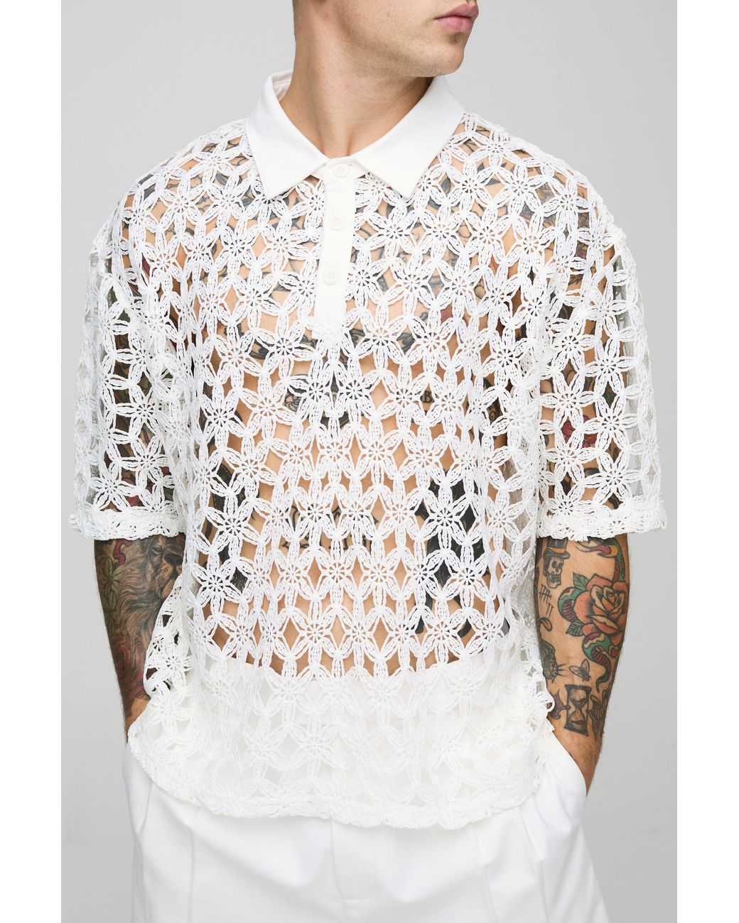 BoohooMAN White Oversized Crochet Knitted Polo for men