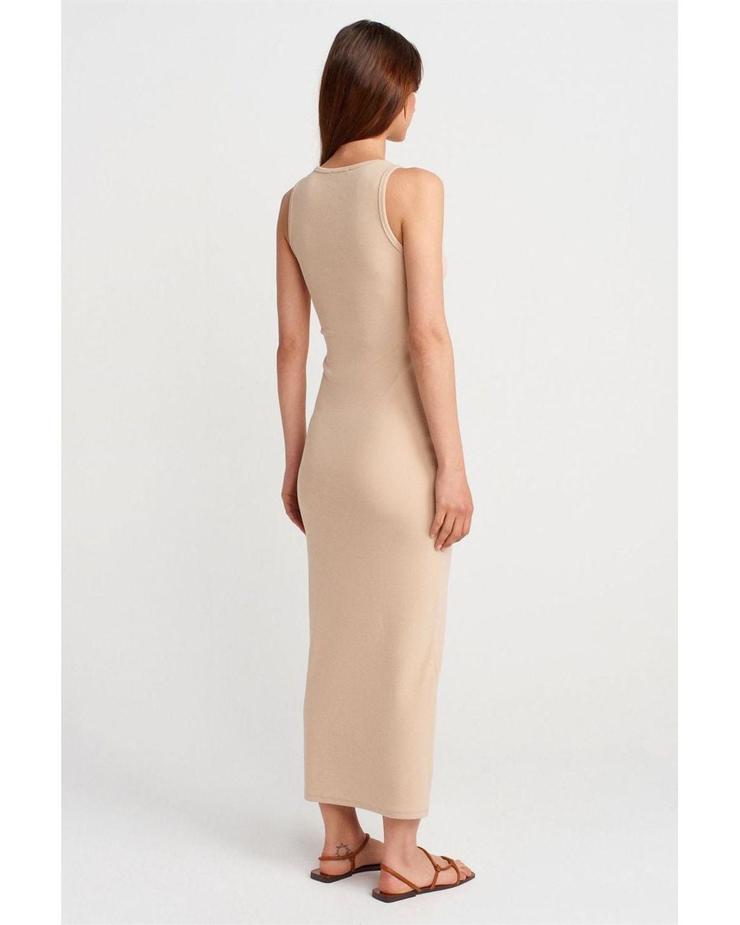 Dilvin White Ribbed Cotton Blend Sleeveless Maxi Dress