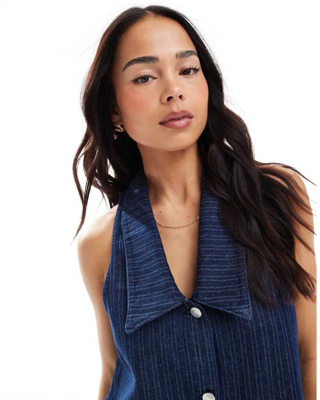 ASOS Blue Sleeveless Striped Denim Top With Sailor Collar