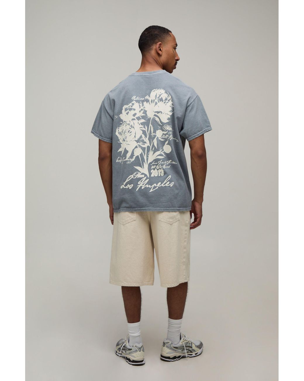 BoohooMAN Gray Oversized Los Angeles Floral Washed T-Shirt for men