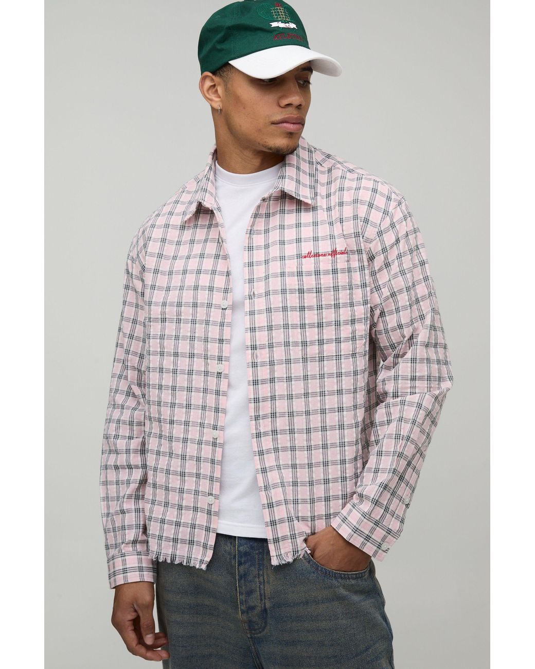 BoohooMAN Gray Oversized Boxy Raw Hem Checked Shirt for men