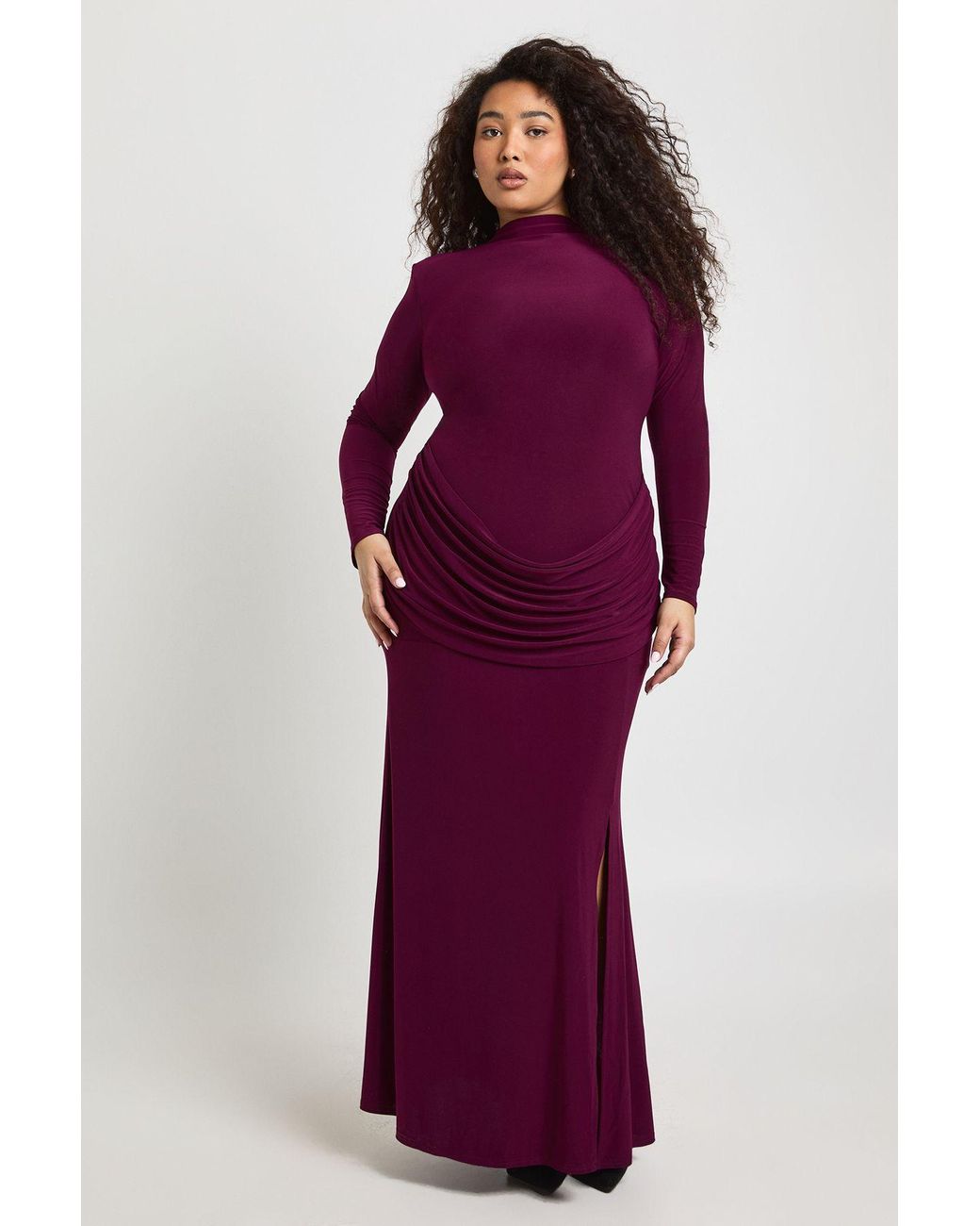 Boohoo Purple Plus Shoulder Pad Long Sleeve Draped Skirt Detail Maxi Dress