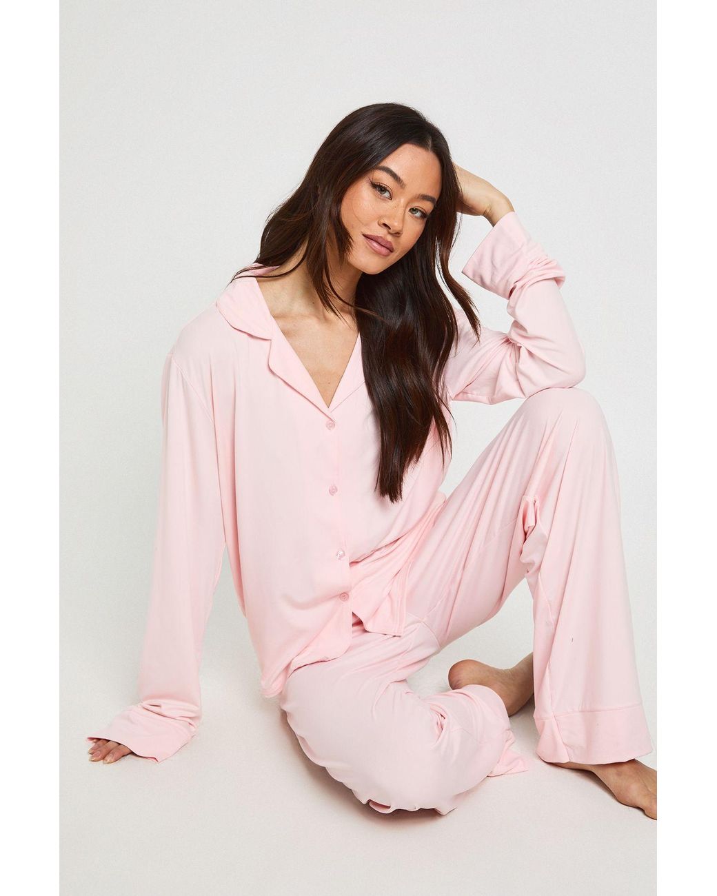 Boohoo Pink Tall Soft Touch Button Through Shirt And Trouser Pyjama Set