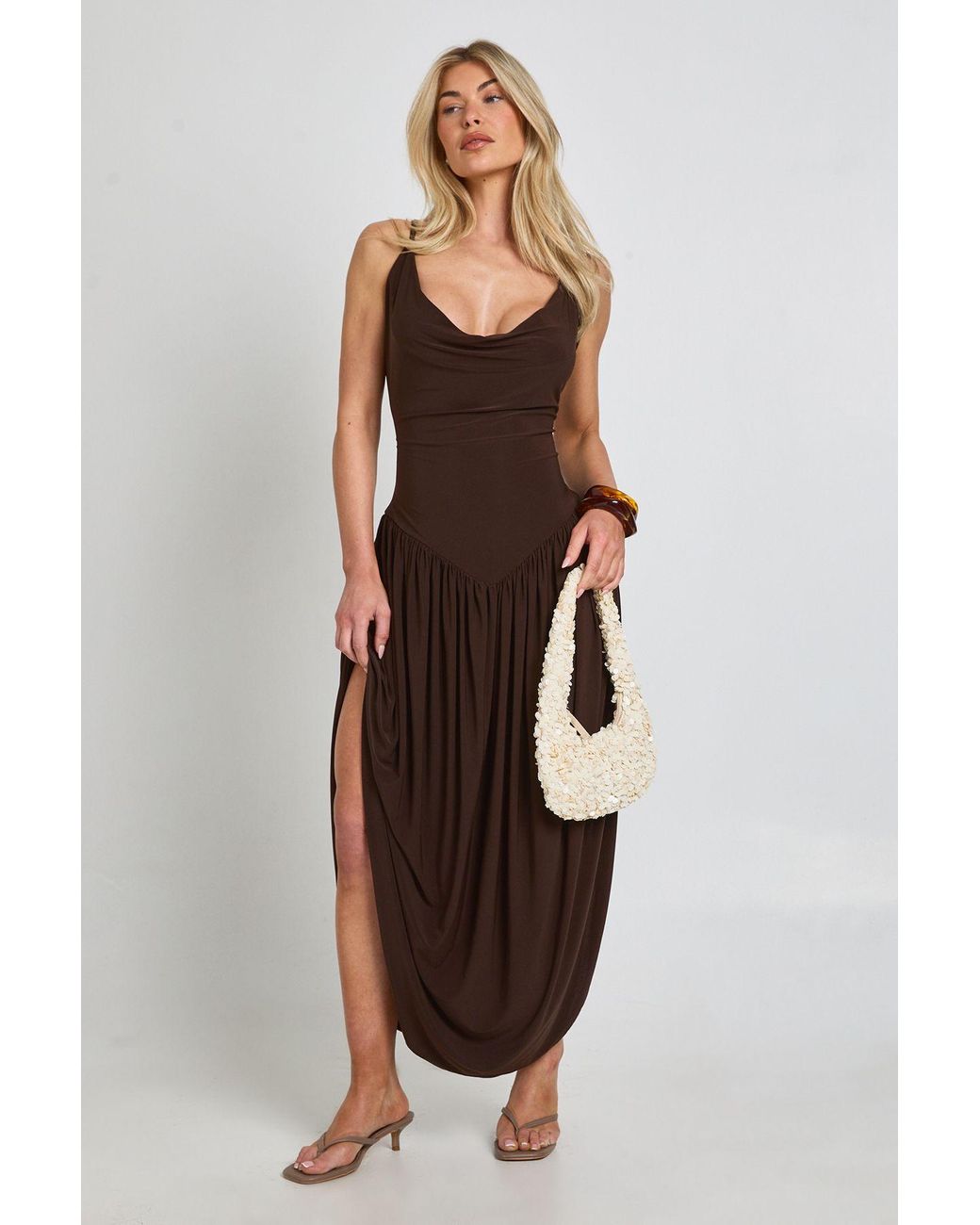 Boohoo Brown Slinky Cami Maxi Dress With Ruched Waistband