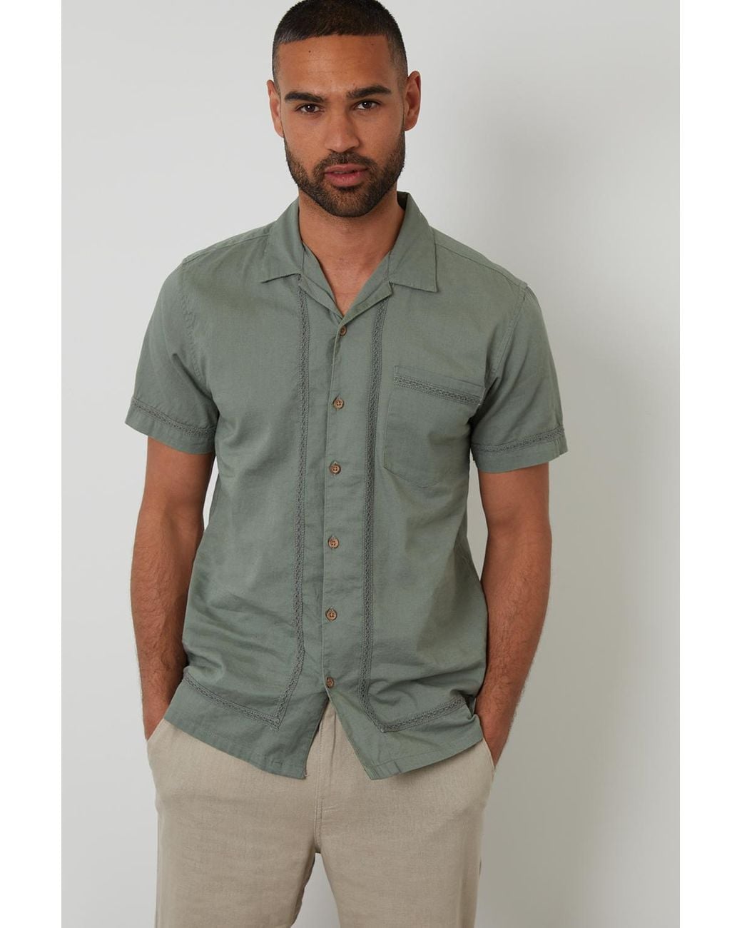 Threadbare Green Pale Cotton Crochet Lace Short Sleeve Shirt With Linen for men