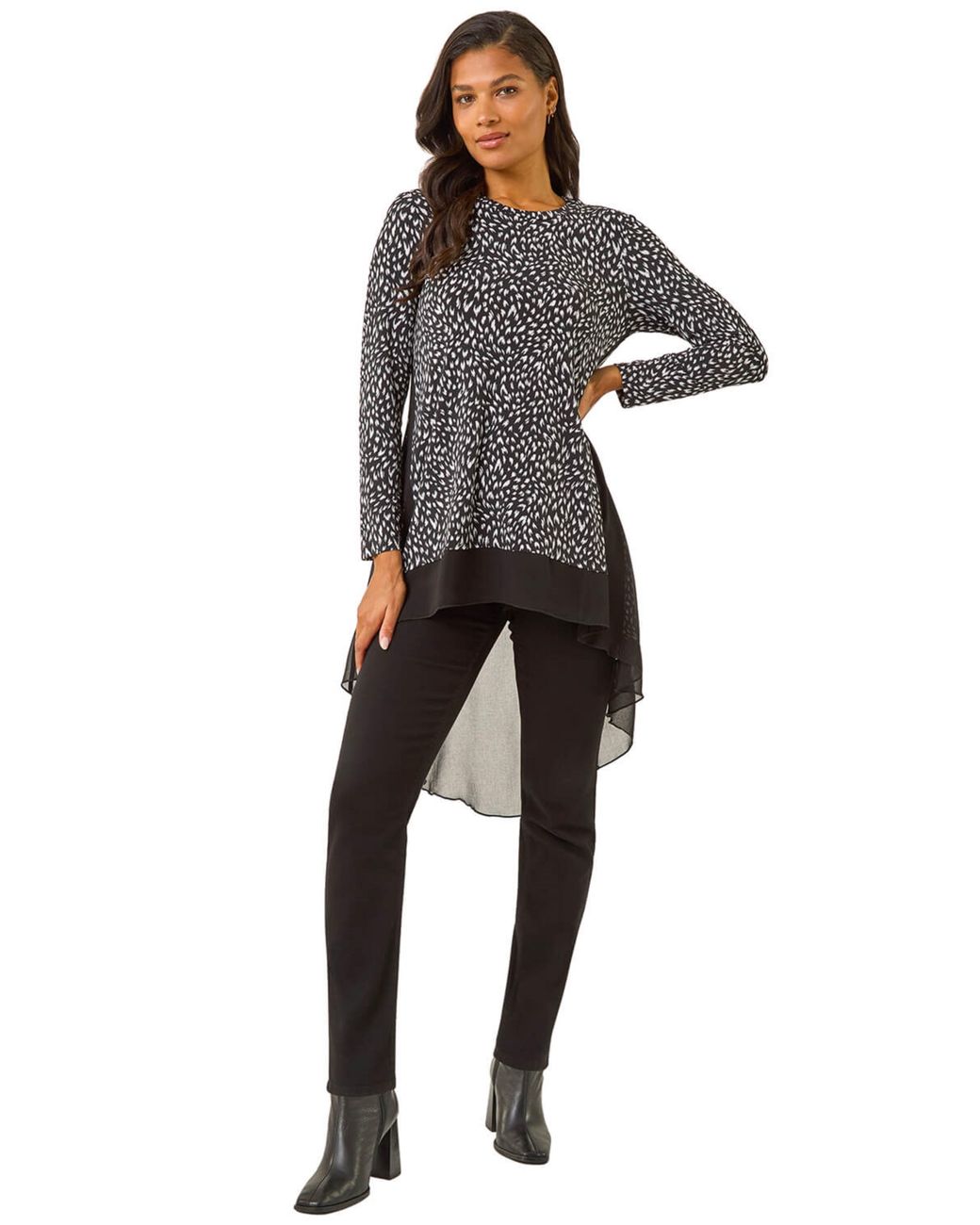 Roman Black Spot Print Chiffon Hem Stretch Top