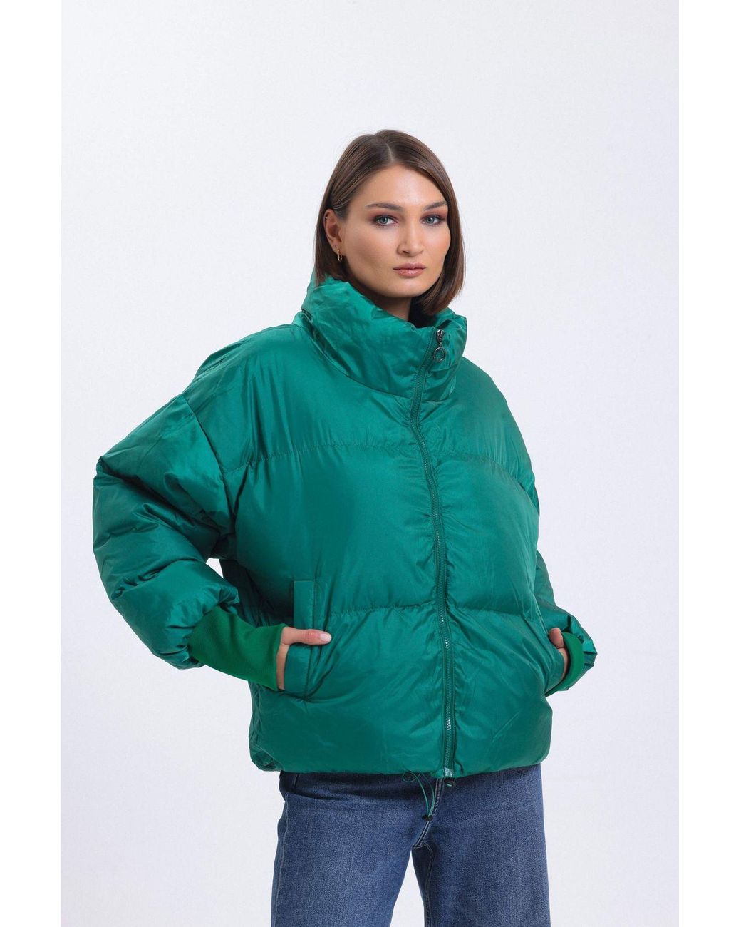 Hiccup Green Stand Collar Oversized Puffer Jacket