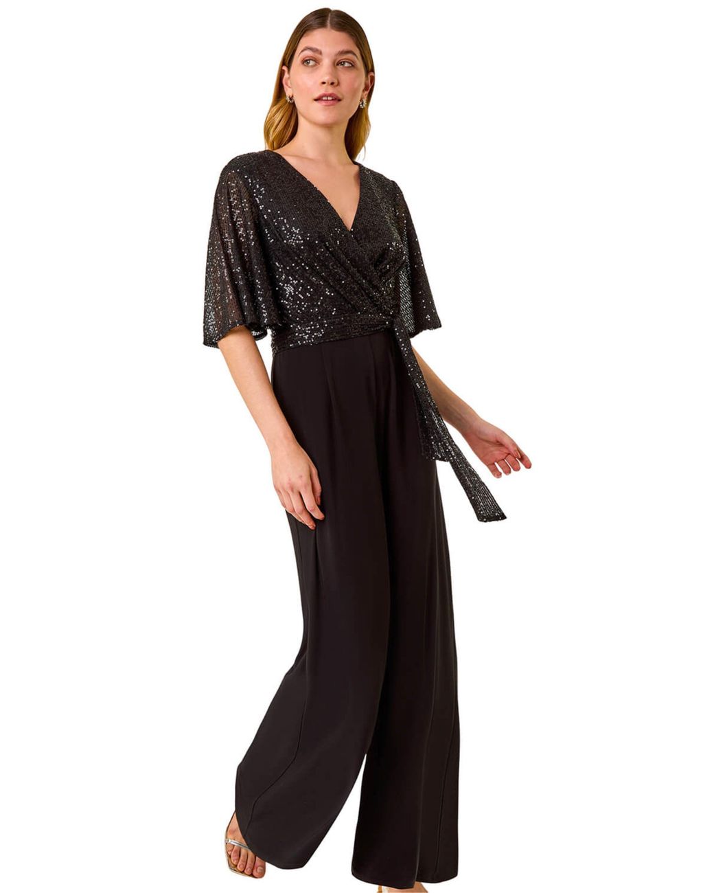 Roman Black Sequin Flutter Sleeve Stretch Jumpsuit