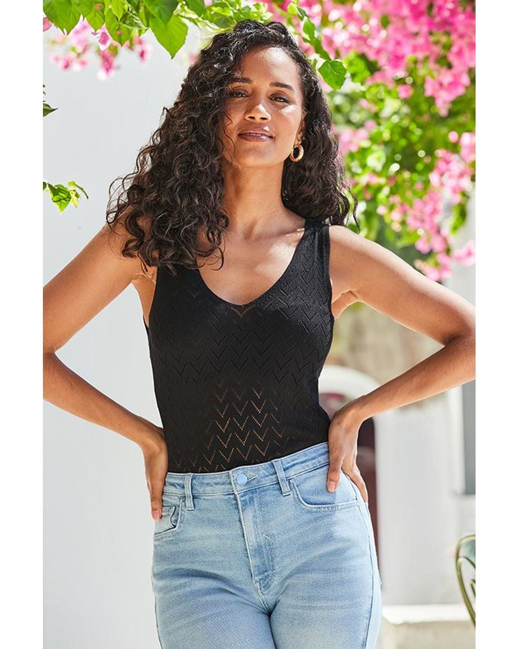 Sosandar Black Chevron Knit Pointelle Vest Top