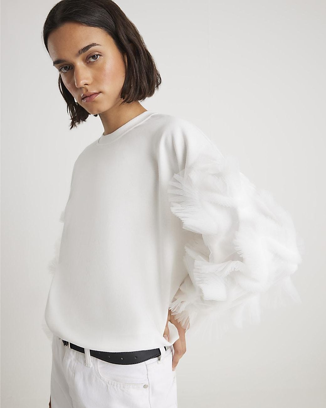 River Island White Sweatshirt Ruffle Sleeve Cotton