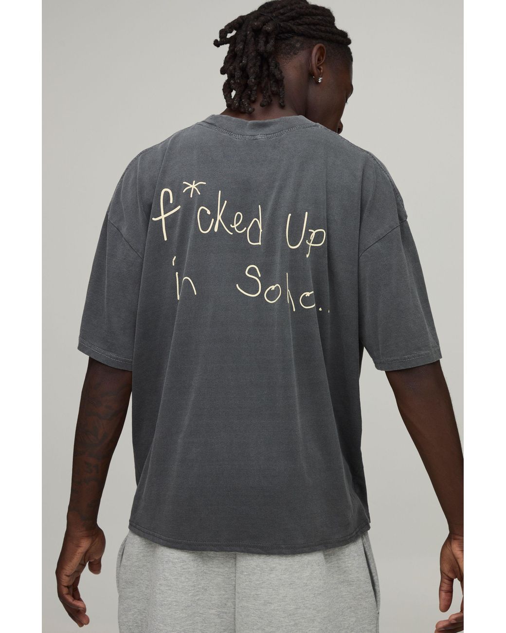 BoohooMAN Gray Washed Oversized Boxy Soho Slogan Print T-Shirt Cotton for men