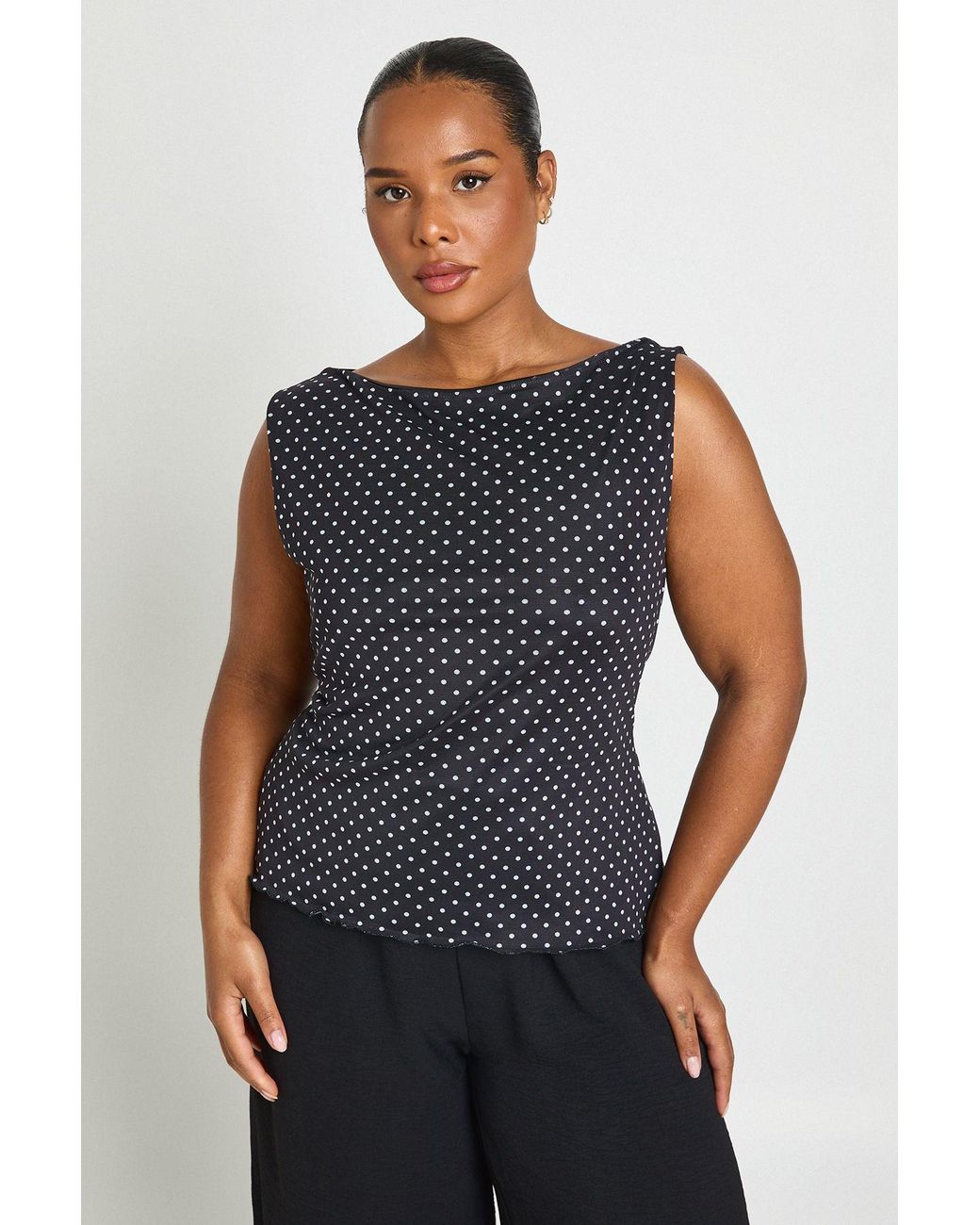 Boohoo Blue Plus Polka Dot Slash Neck Top