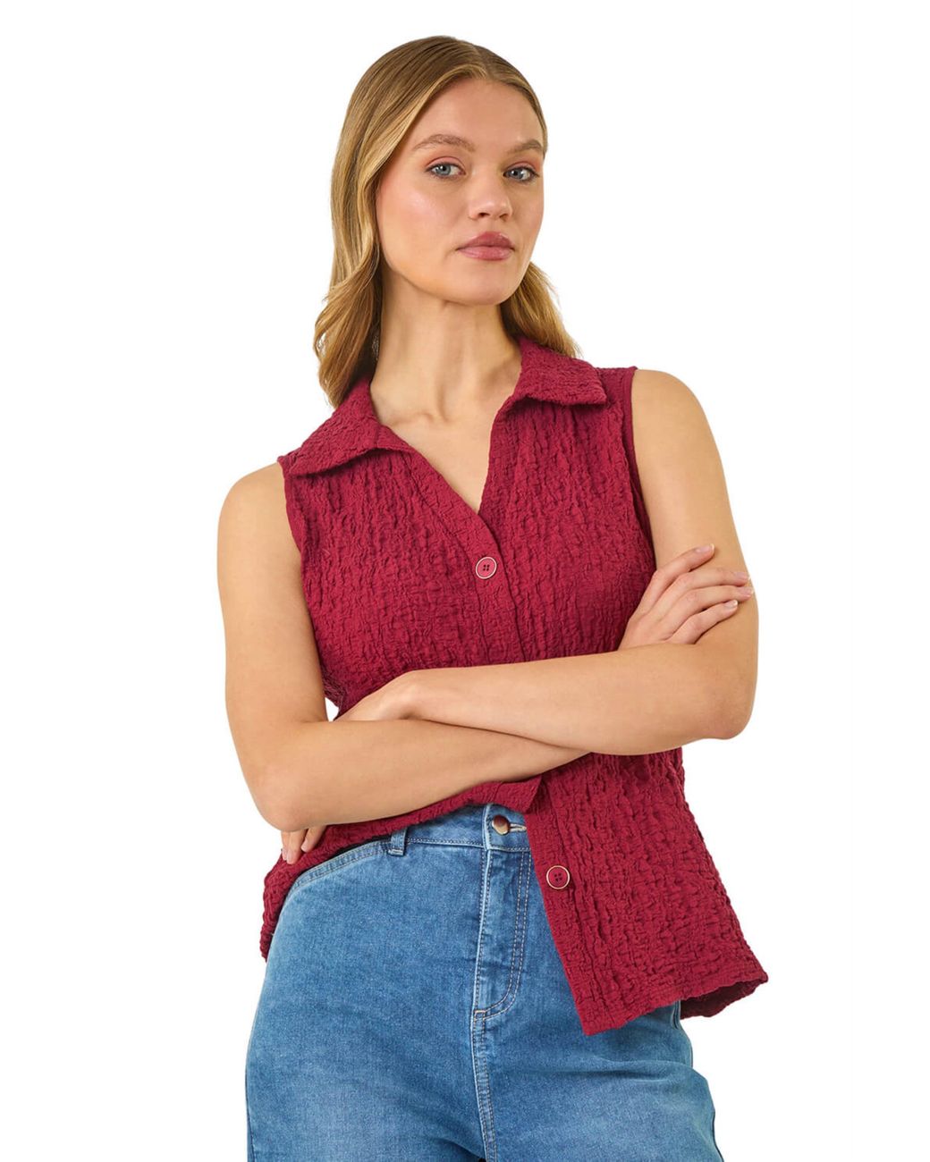 Roman Textured Sleeveless Buttoned Blouse