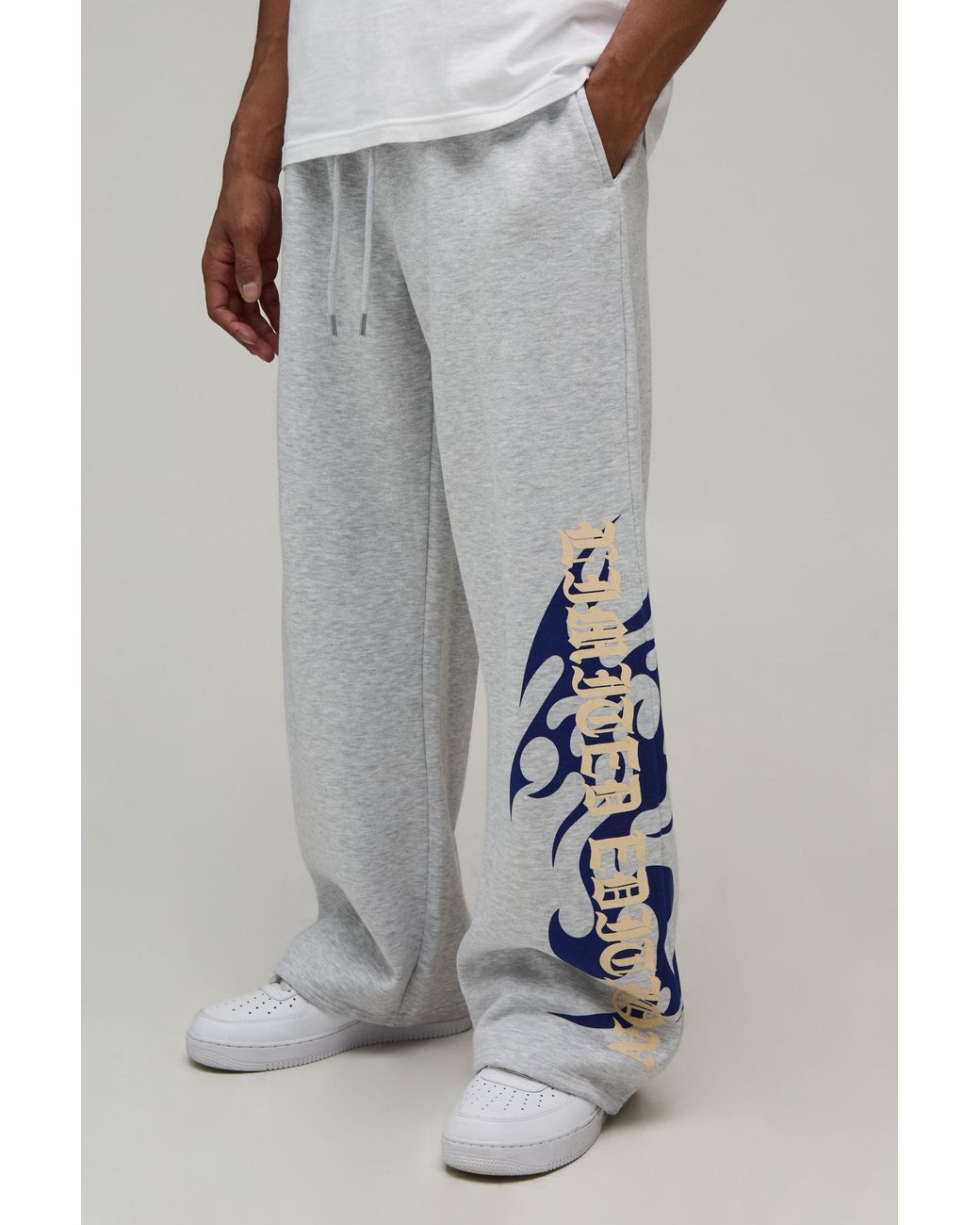 BoohooMAN Gray Wide Leg Gothic Print Jogger for men