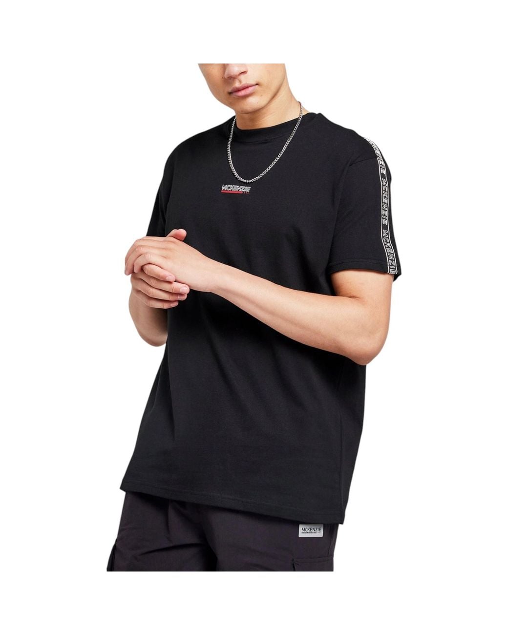 McKenzie Black T Shirts Logo Tape Crew Neck Short Sleeve Summer Cotton T-Shirt for men