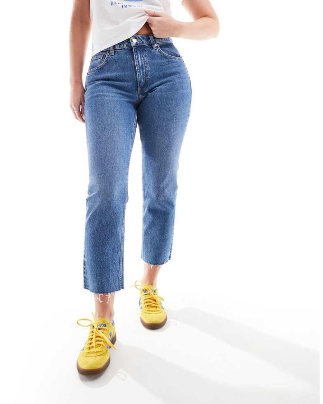 Topshop Hourglass Blue Mid Rise Straight Cropped Jean With Raw Hems