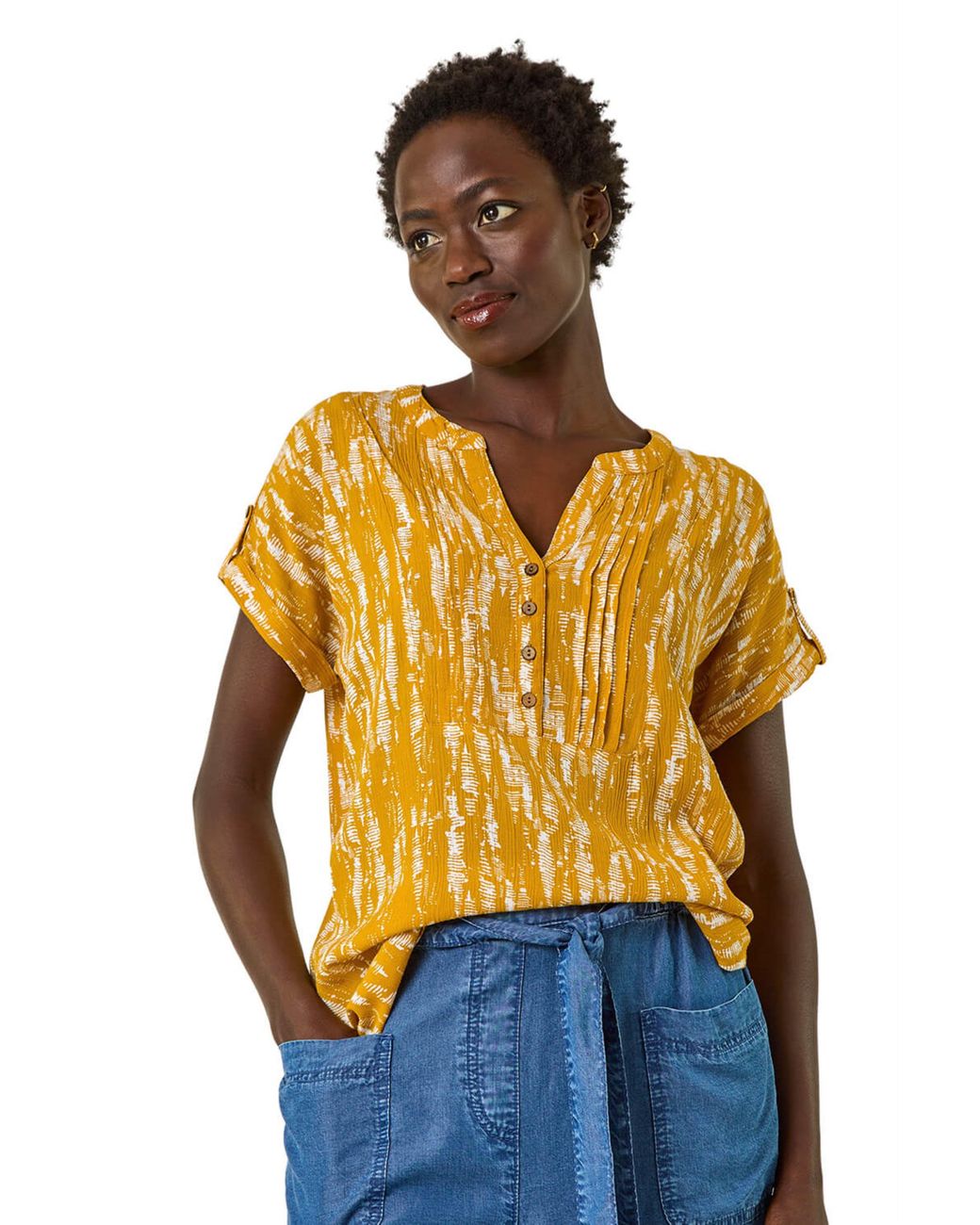Roman Blue Abstract Print V-Neck Button Top