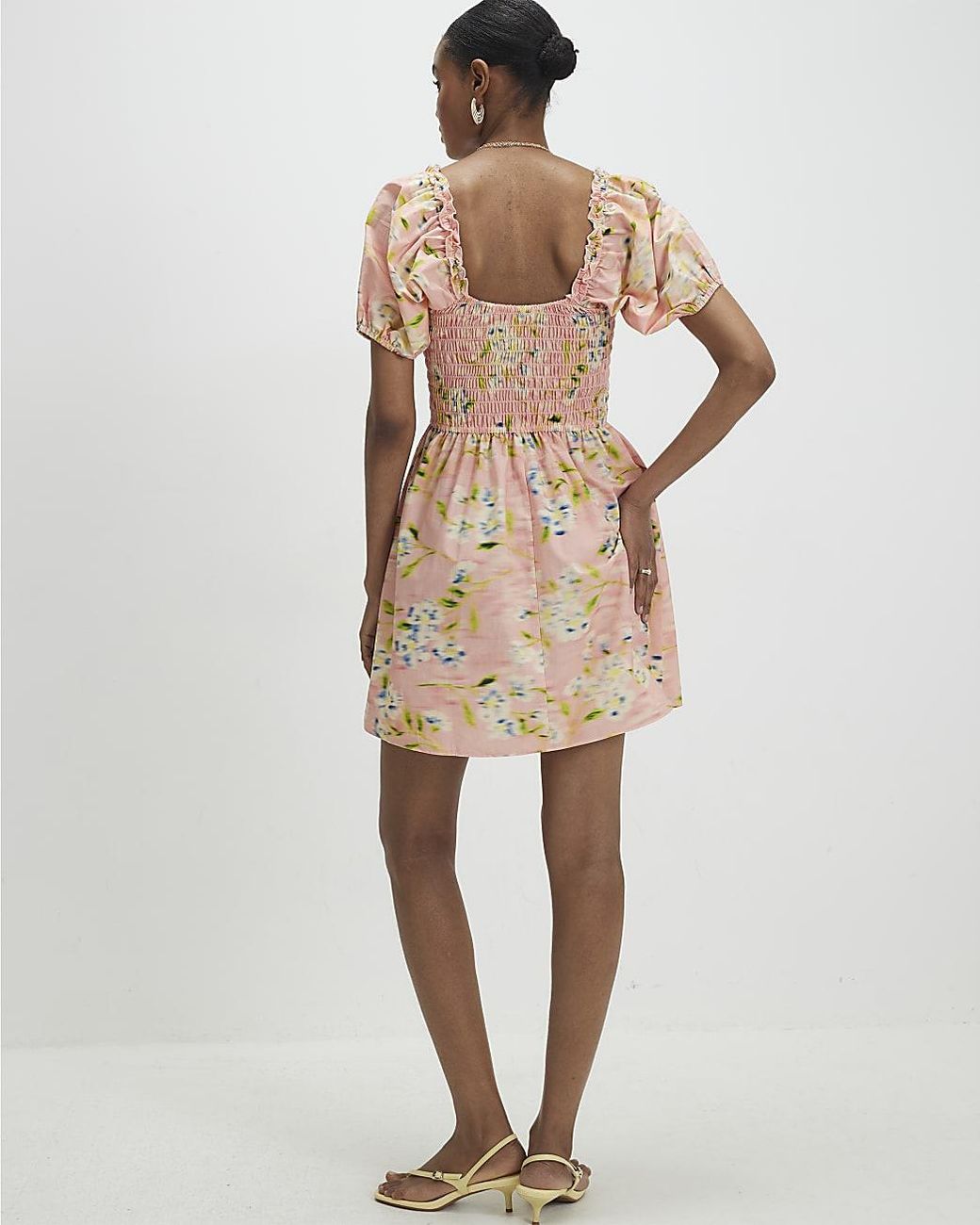 River Island Natural Mini Dress Puff Sleeve Floral Short Cotton