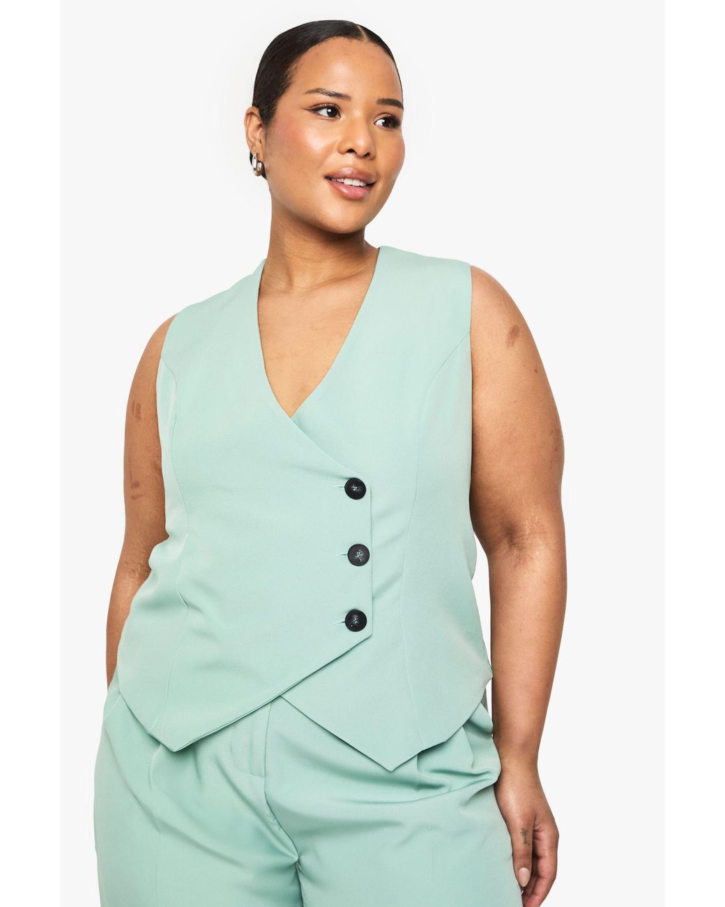 Boohoo Green Plus Woven Tailored Wrap Button Down Waistcoat