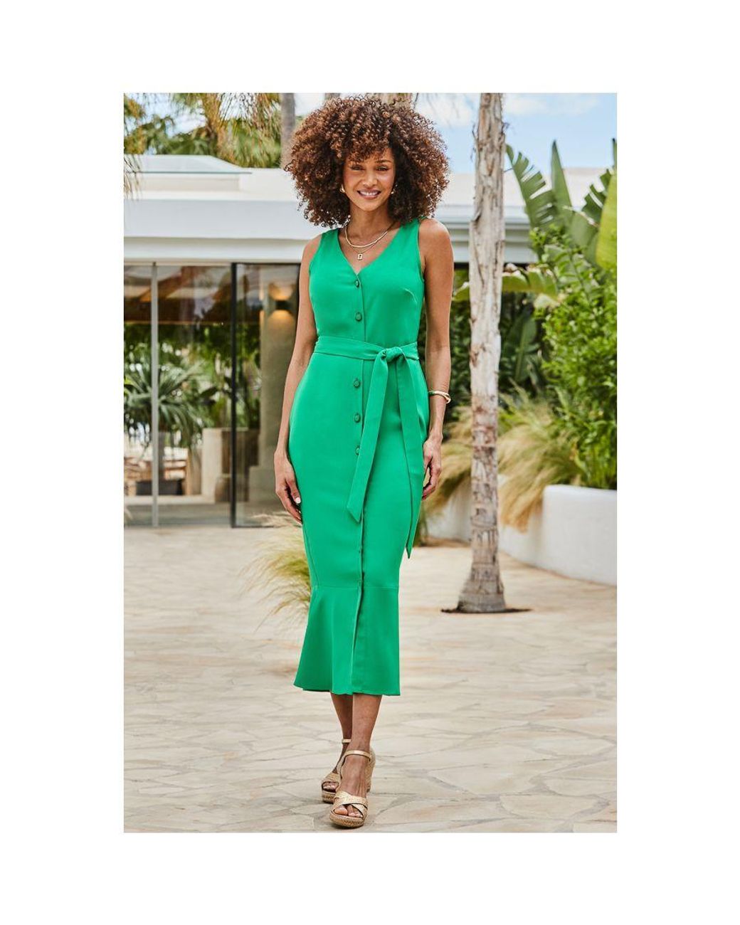 Sosandar Green Emerald Button Front Peplum Midi Dress