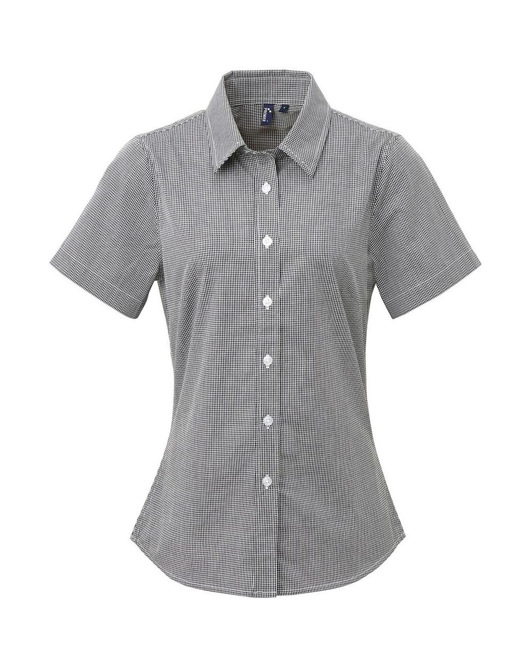 PREMIER Gray Ladies Microcheck Short Sleeve Cotton Shirt