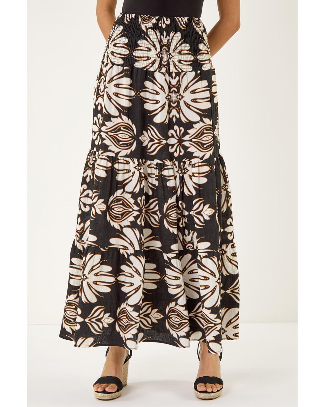 Roman White Floral Print Shirred Maxi Skirt