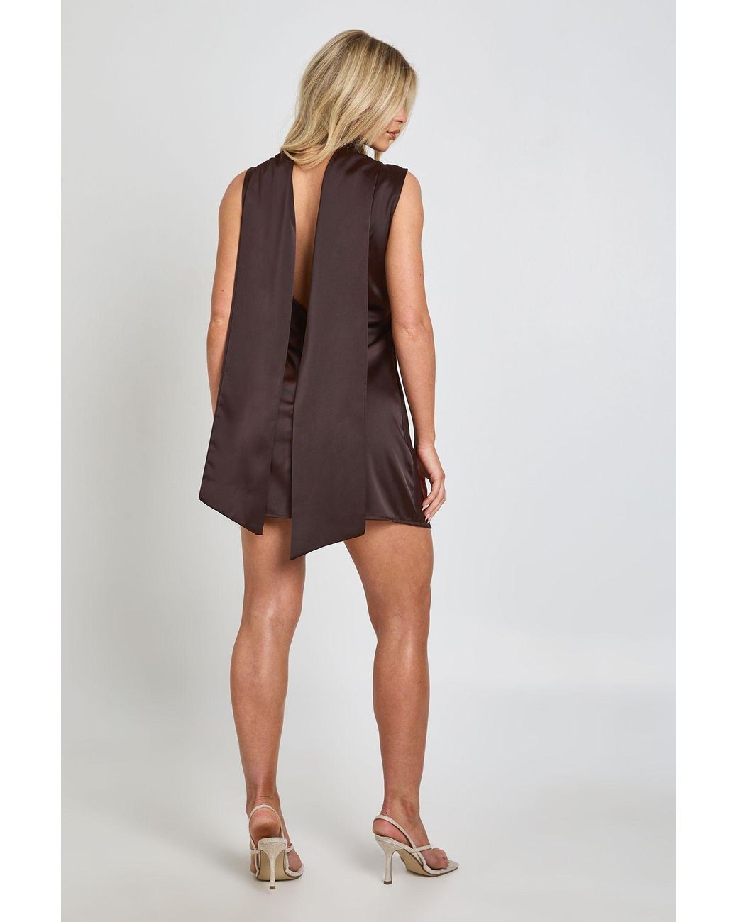 Boohoo Brown Textured Satin Low Back Scarf Detail Shift Dress