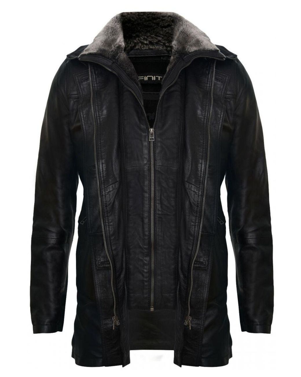 Infinity Leather Black Removable Collar Mid Length Warm Jacket for men
