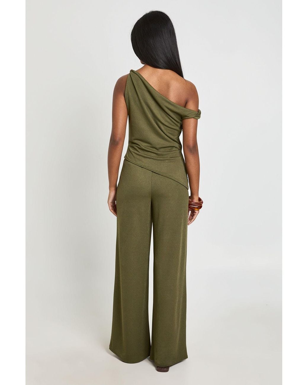 Boohoo Green Crepe Off The Shoulder Wide Leg Co Ord