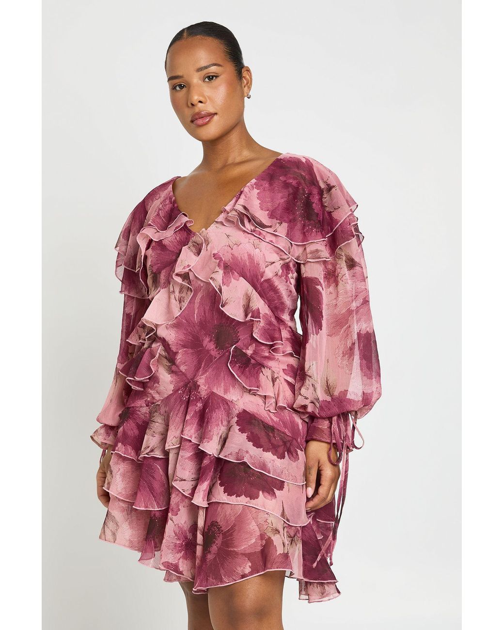 Boohoo Red Plus Floral Chiffon Ruffle Mini Dress