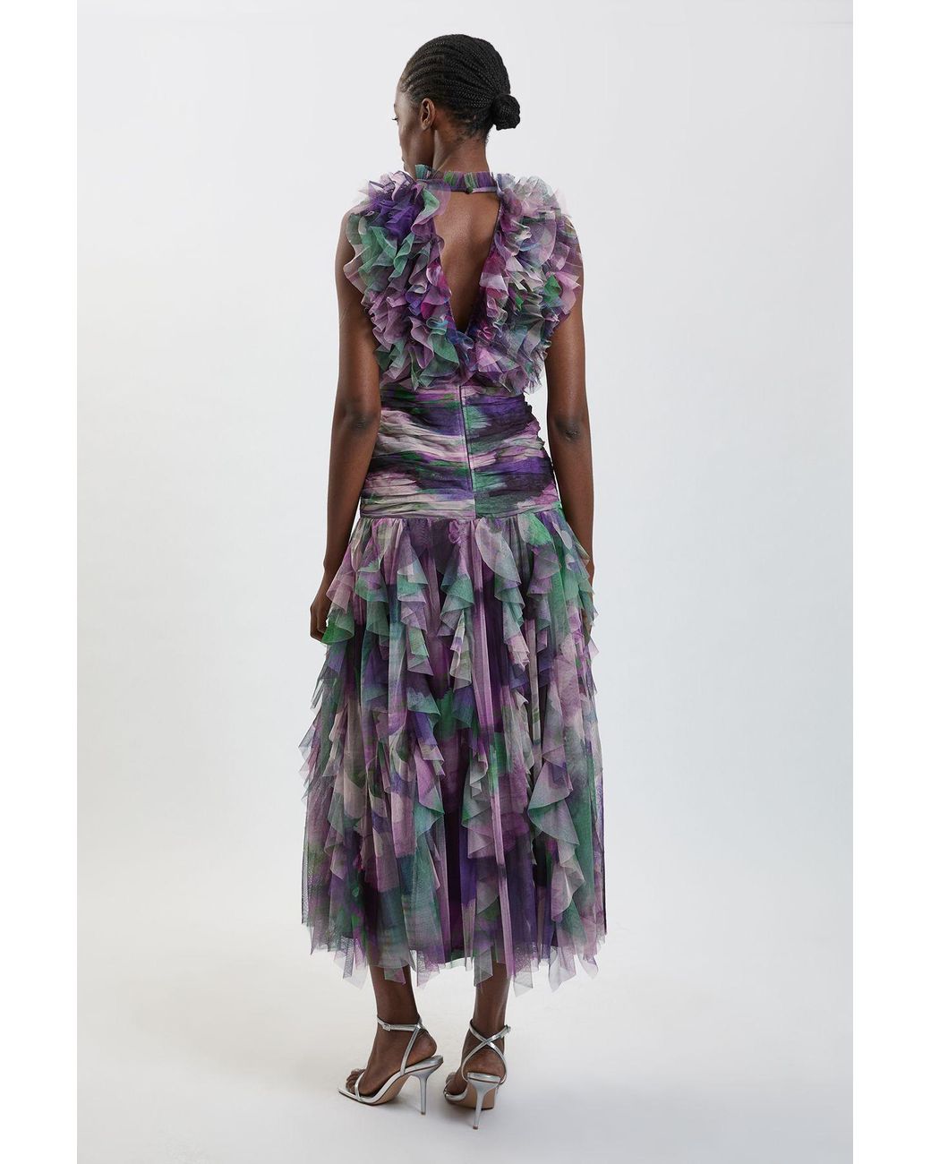 Karen Millen Purple Blurred Floral Frill Tulle Maxi Dress
