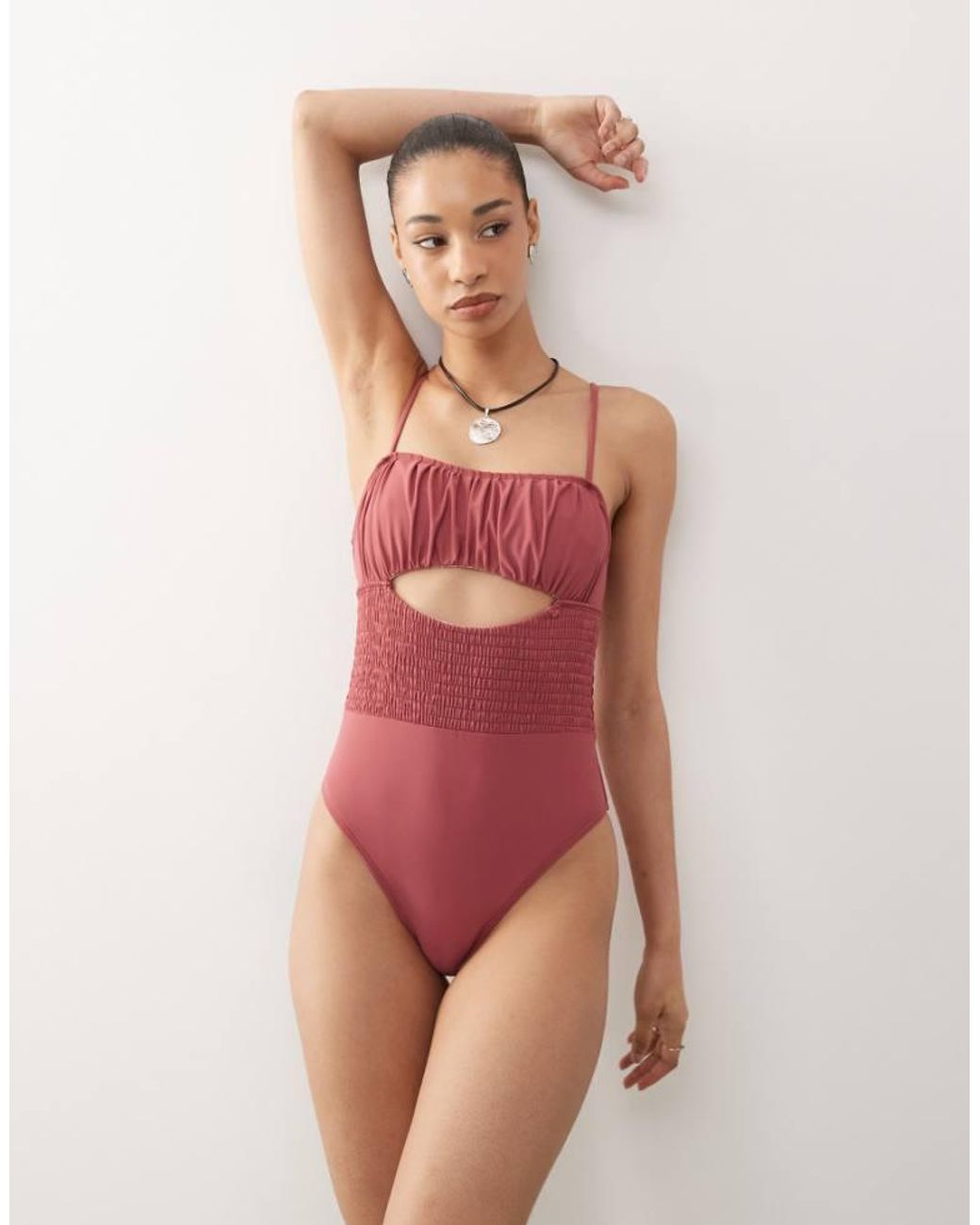 Reclaimed Vintage Pink Swimsuit With Shirred Waist And Cut Out Detail
