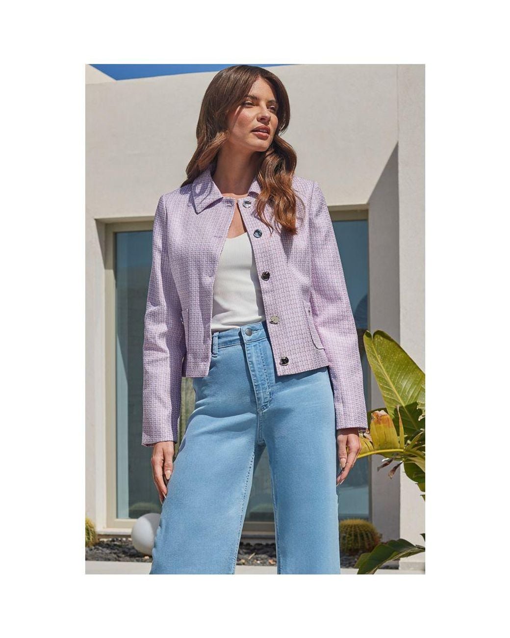 Sosandar Blue Lilac Boucle Collared Jacket