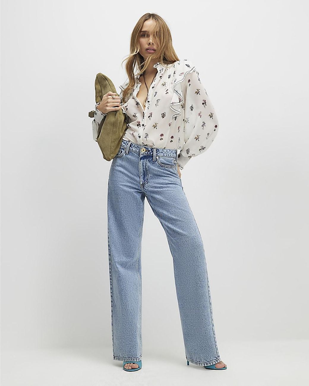 River Island Natural Blouse Floral Ruffle Detail Button