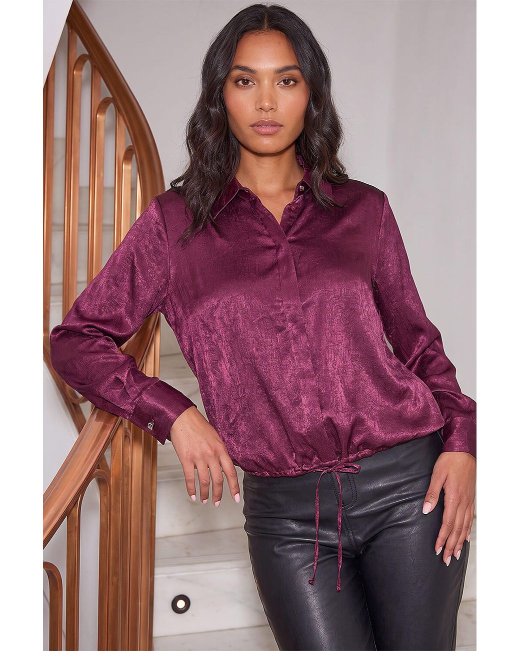Roman Purple Crinkle Satin Tie Hem Shirt