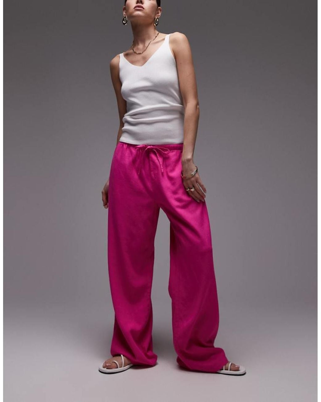 TOPSHOP Pink Linen Straight Leg Trouser