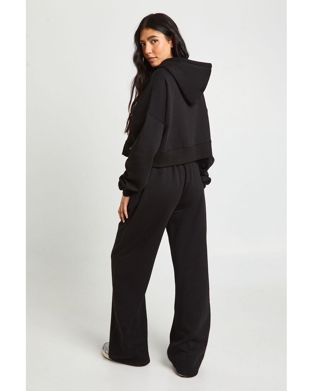 Boohoo Black Tall Seam Detail Crop Top 3 Piece Hooded Tracksuit