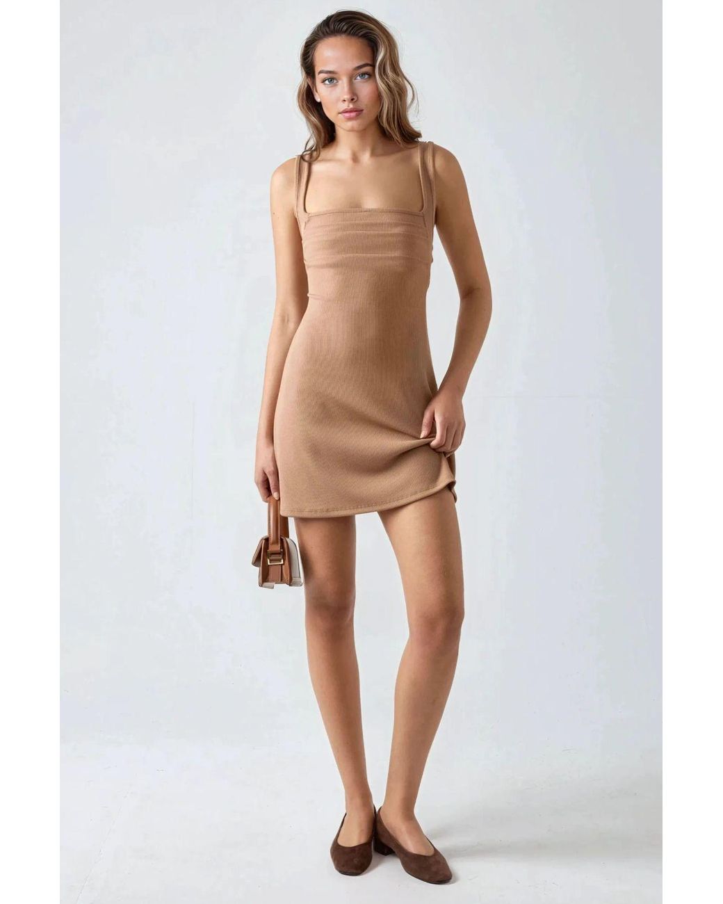 Hiccup Brown Ruched Square-Neck Mini Dress