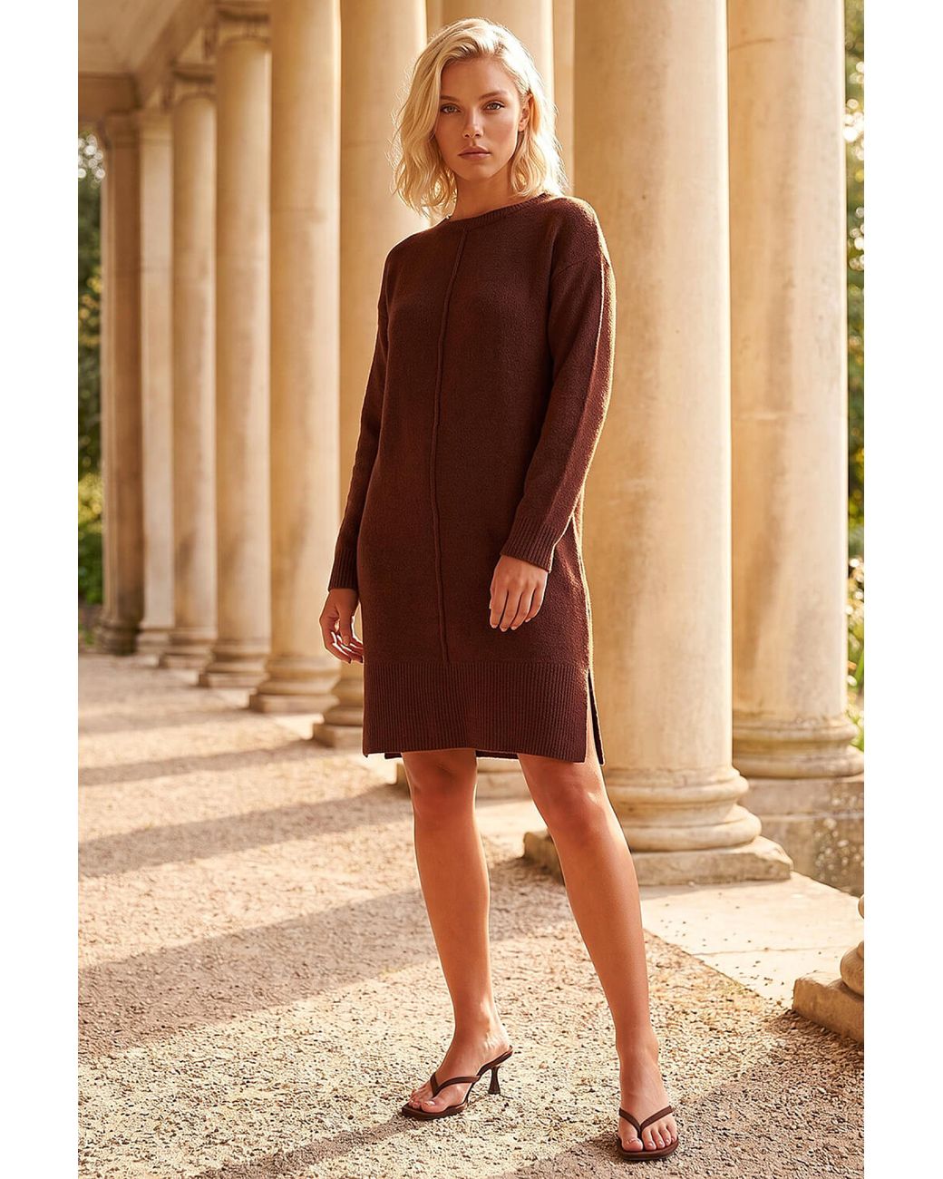 Roman Brown Petite Knitted Pintuck Shift Dress