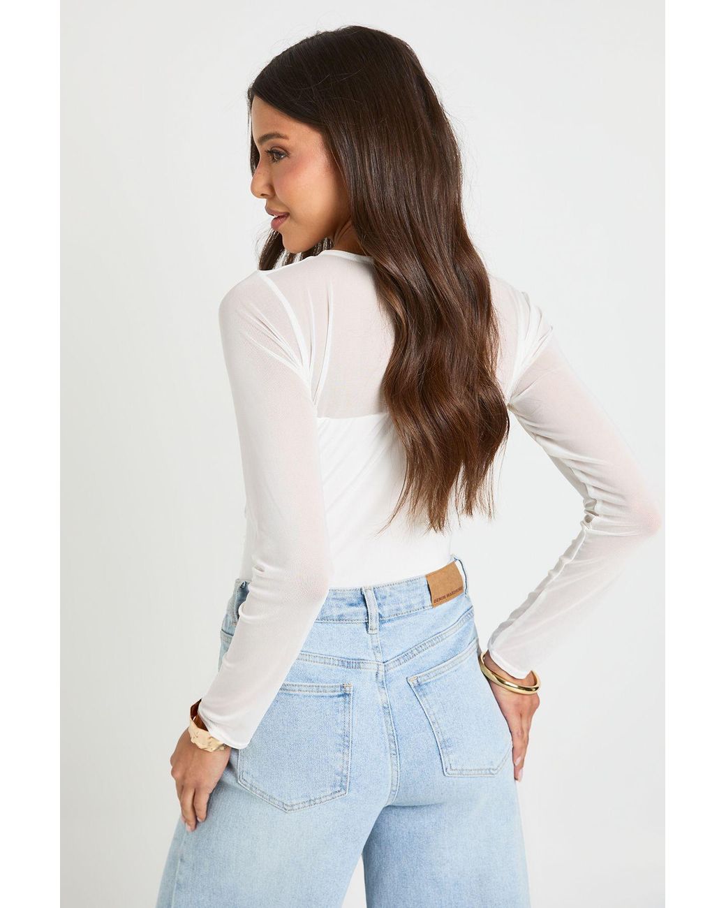 Boohoo White Mesh Panel Front Long Sleeve Bodysuit
