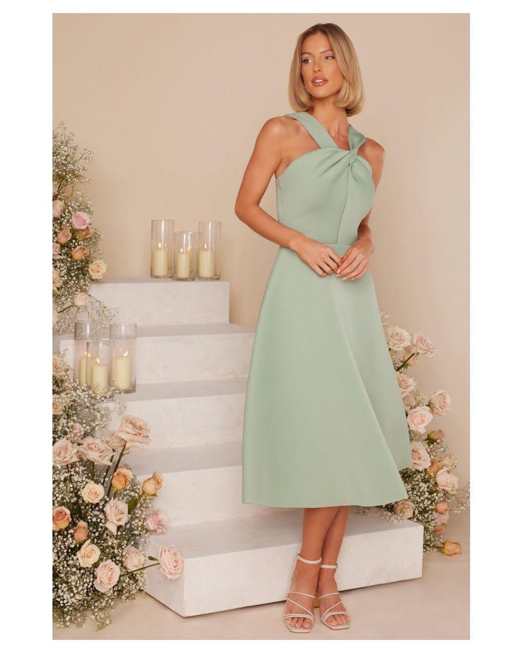 Sage Green Green Satin Skater Dress Quiz Sage Cross Front Skater