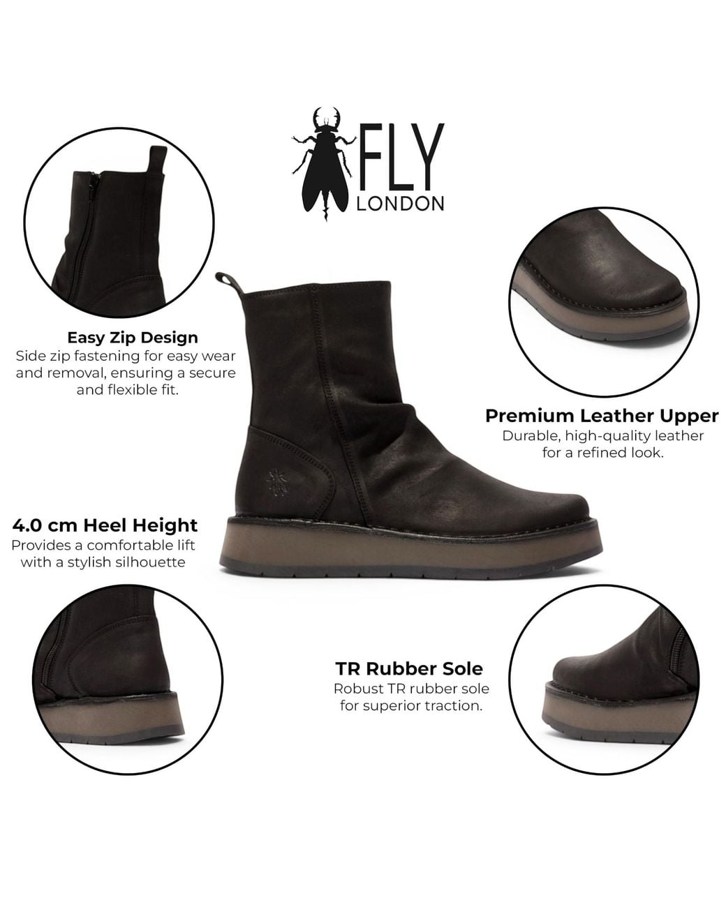 Fly London Black Suede Leather Zip Up Platform Ankle Boots