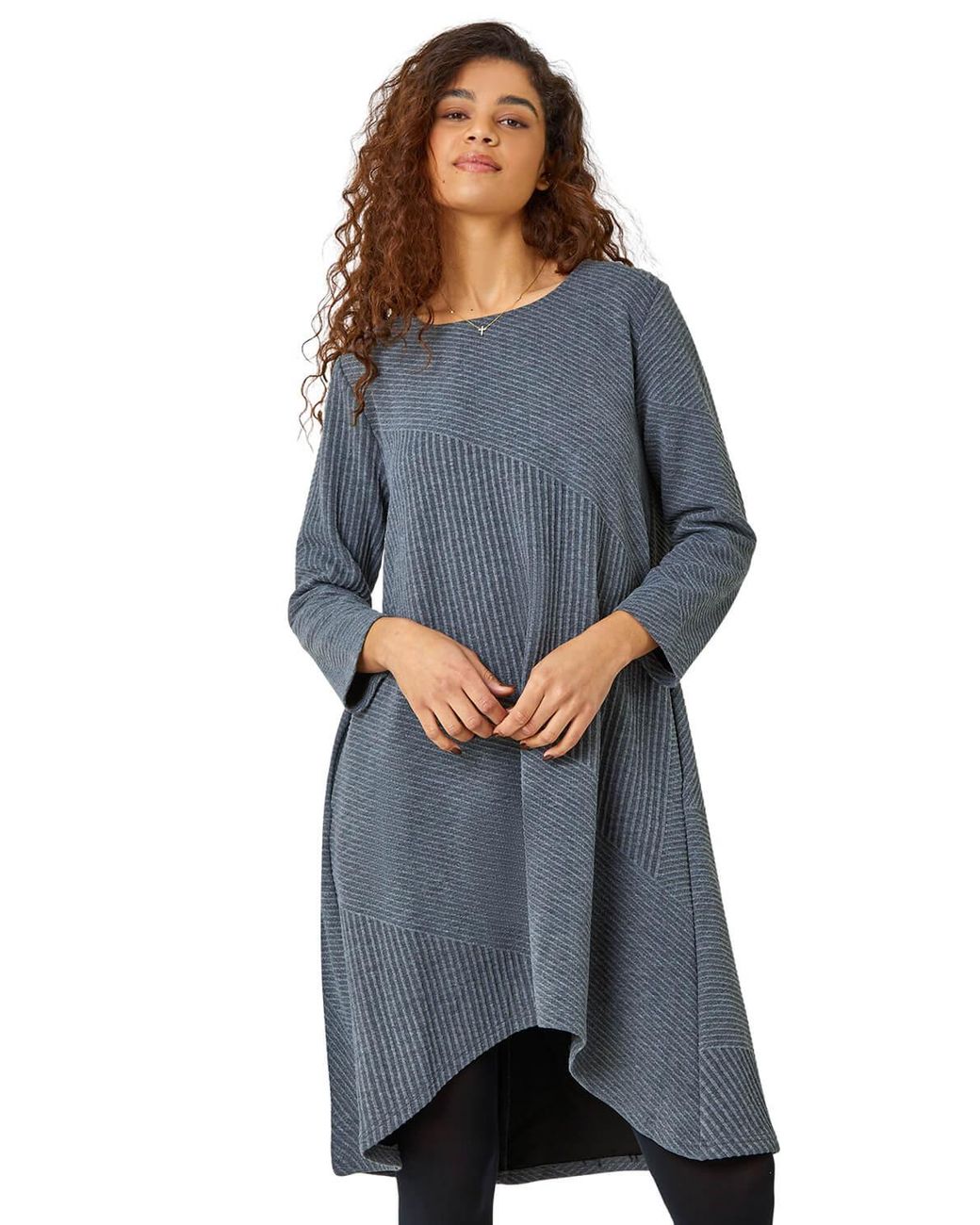 Roman Blue Ribbed Asymmetric Stretch Dress