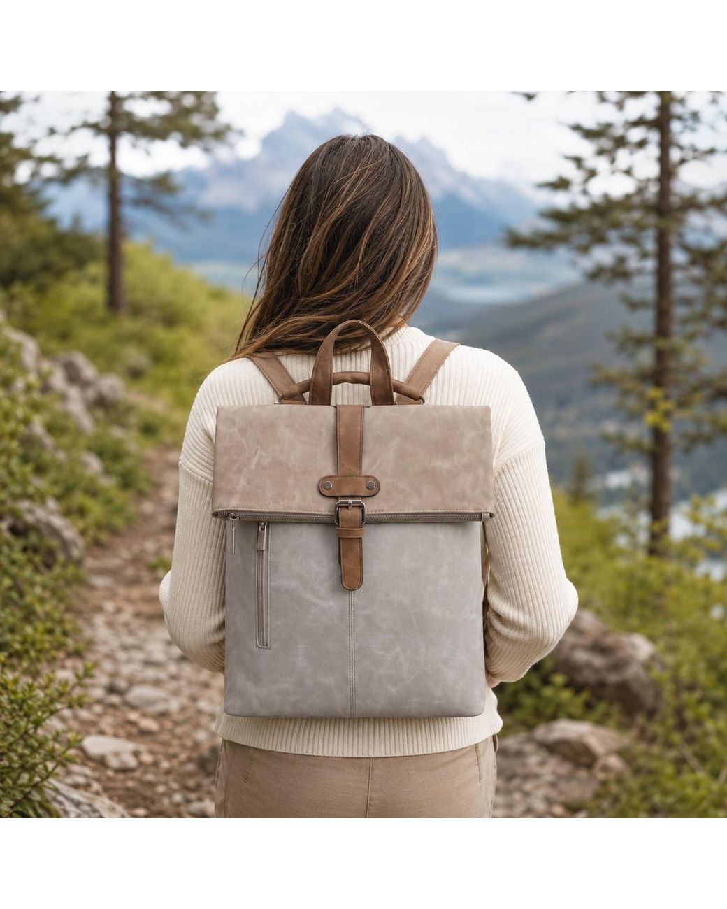 Woodland Leathers Gray Roll-Top Backpack, Anti-Theft Travel Bag With Luggage Strap