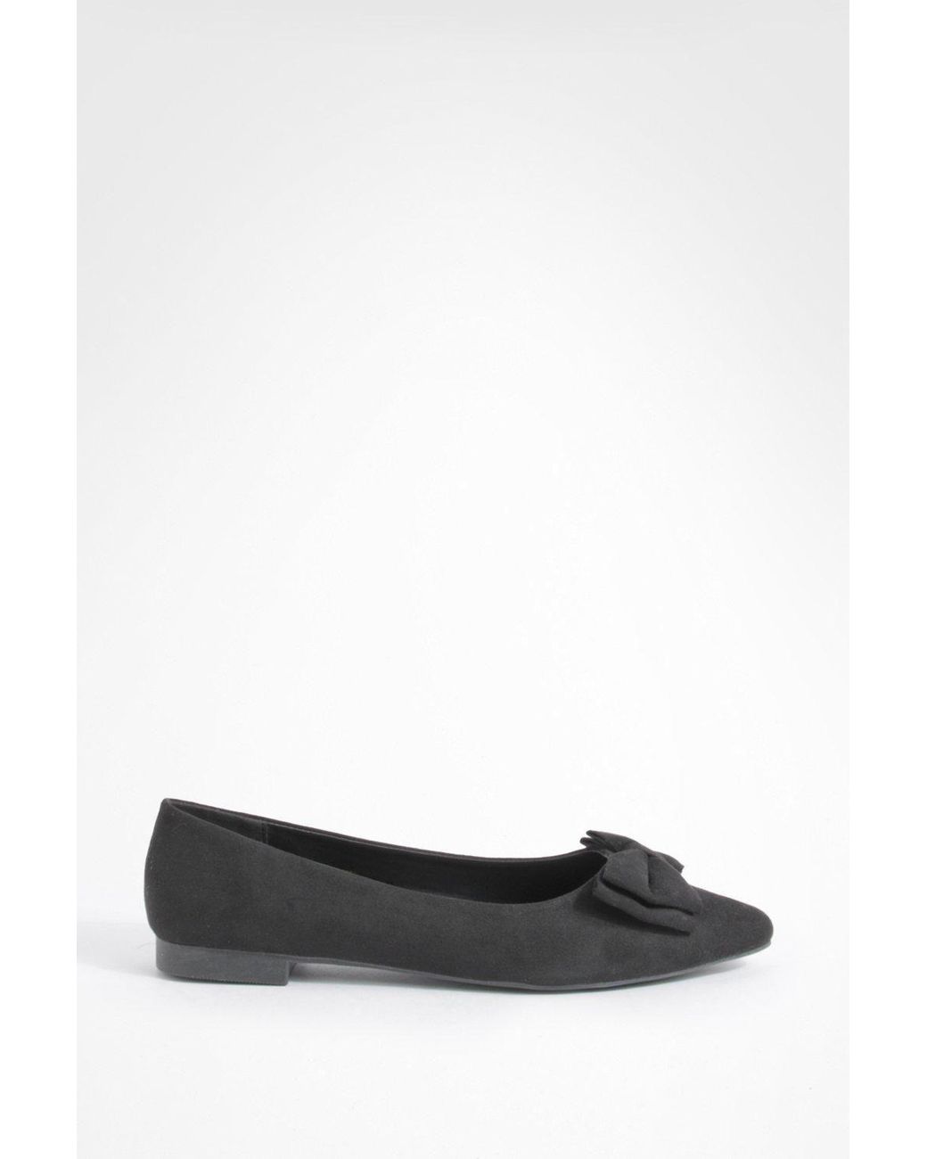 Boohoo Black Wide Fit Bow Pointed Toe Ballerina
