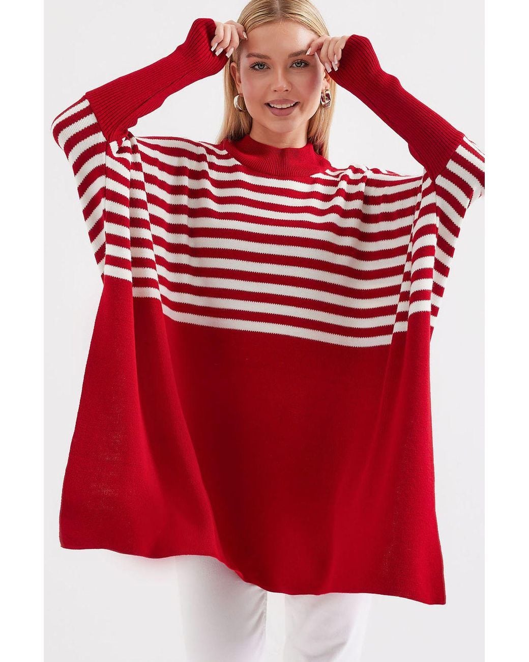 Bigdart Red Slit Detailed Half Turtleneck Loose Sweater