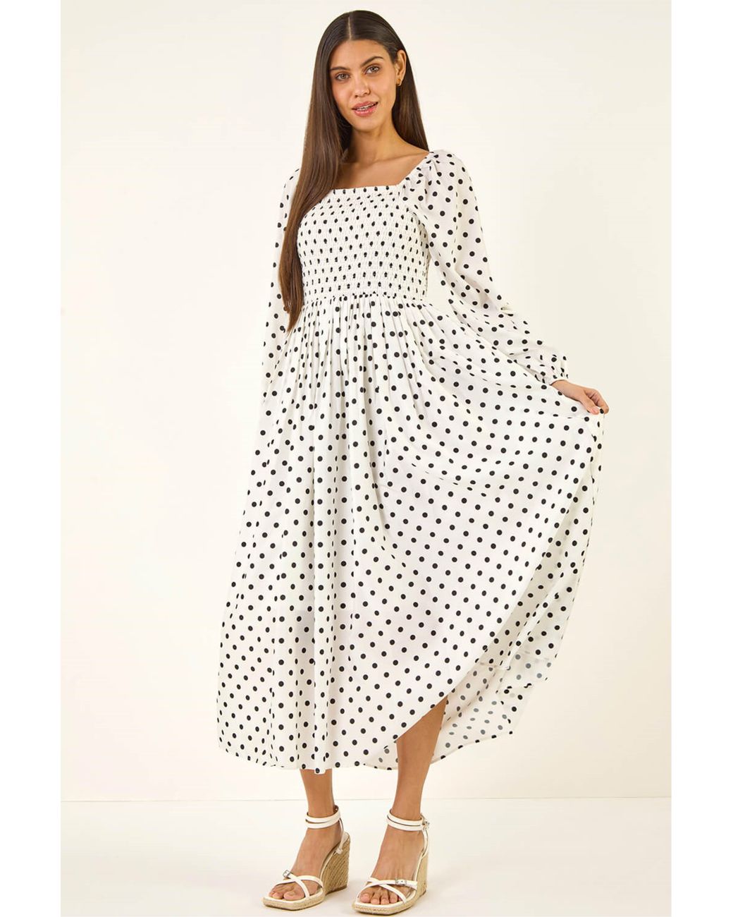 Roman Natural Spot Shirred Midi Dress
