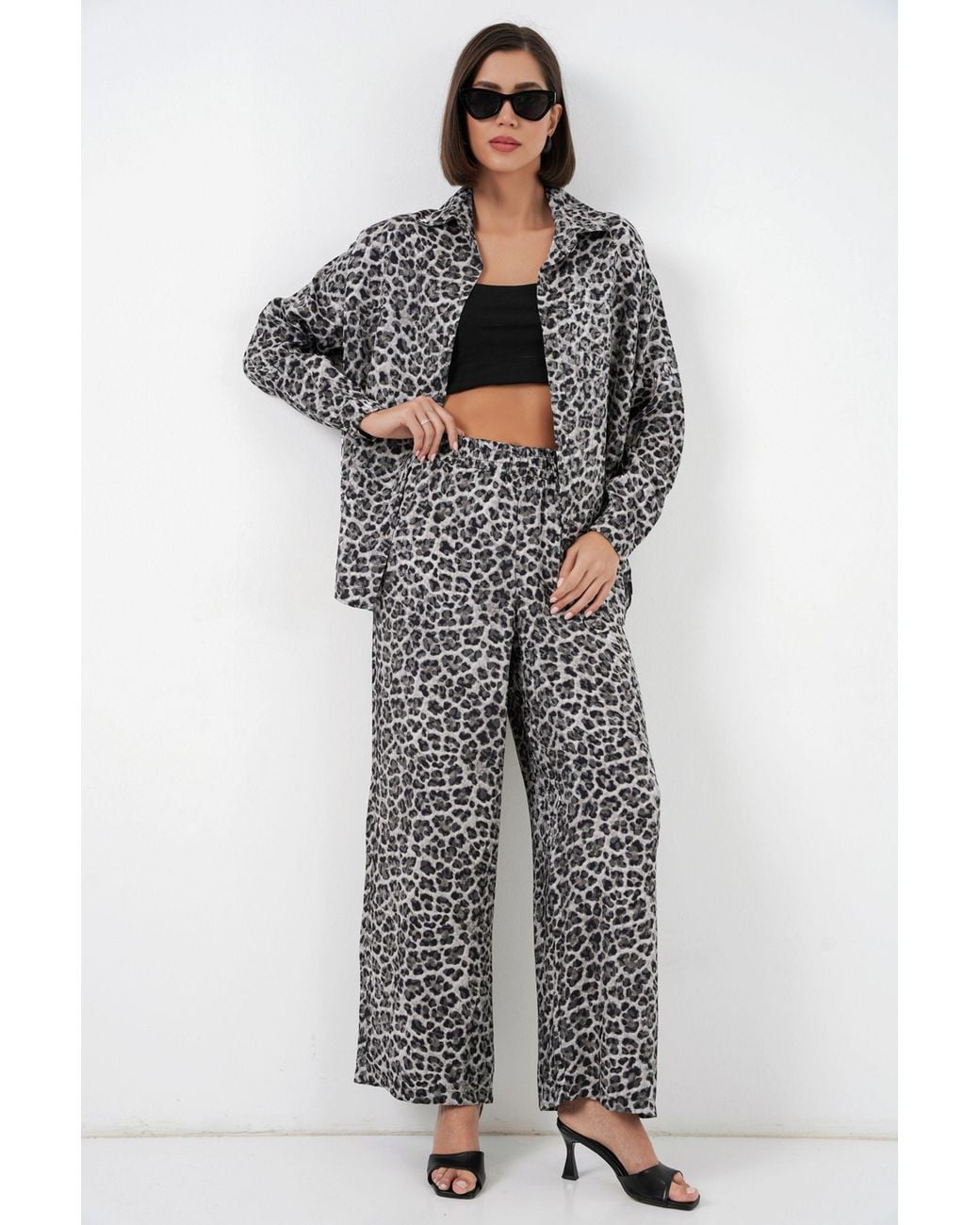 Bigdart Gray Leopard Print Button-Up Shirt And Wide Leg Pants Satin Two-Piece Set